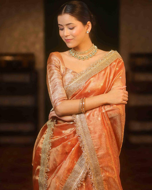 Luxe Copper Zari Tissue Saree with Handcrafted Fringe Border