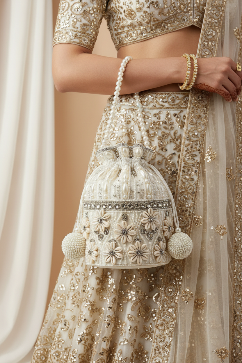 Premium Silver Silk Potli Pouch With Handcrafted Pear Work