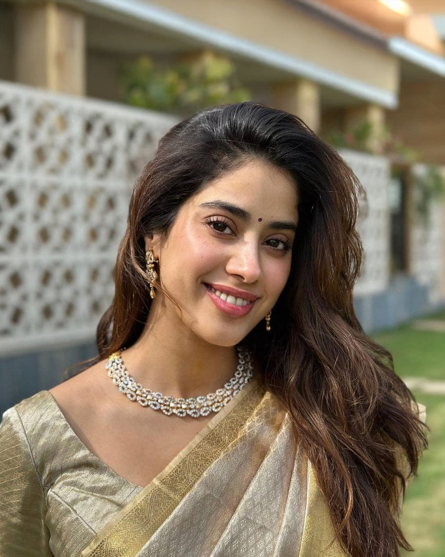 Janhvi Kapoor–Inspired Golden Soft Tissue Saree with Silver Zari