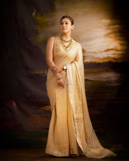 Nayantara Inspired Premium Gold Banarasi With Handwoven Saree