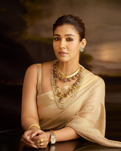 Nayantara Inspired Premium Gold Banarasi With Handwoven Saree