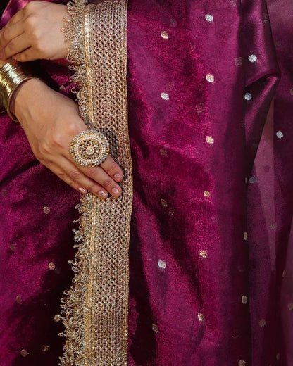 Premium Magenta Polka Banarasi Tissue Silk Saree With Handcrafted Zari Border
