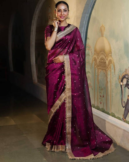 Premium Magenta Polka Banarasi Tissue Silk Saree With Handcrafted Zari Border