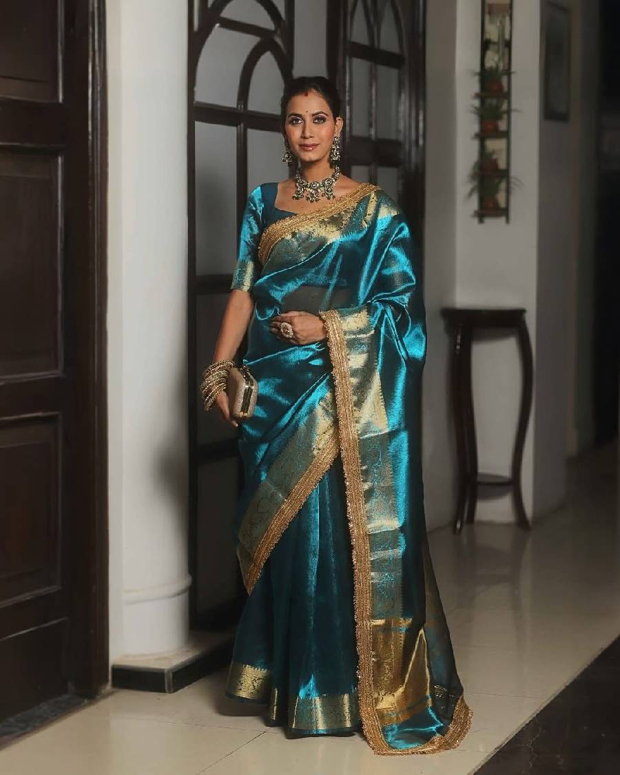 Teal Blue Organza Banarasi Saree