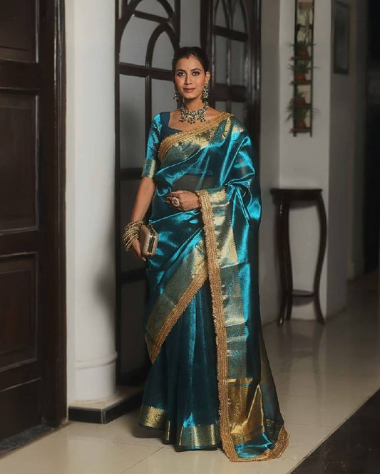 Teal Blue Organza Banarasi Saree