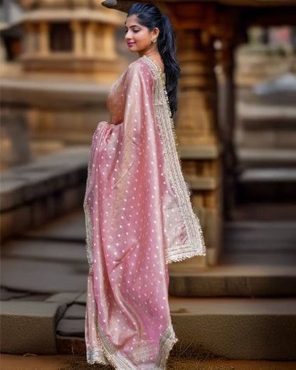 Premium Pink Polka Banarasi Tissue Silk Saree With Handcrafted Zari Border