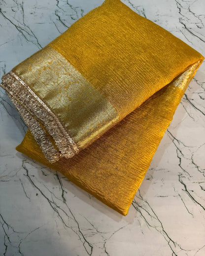 Premium Sunshine Yellow Banarasi Tissue Silk Saree With Handcrafted Zari Border