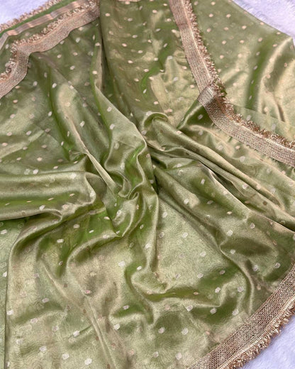 Premium Green Banarasi Tissue Silk Saree With Handcrafted Zari Border