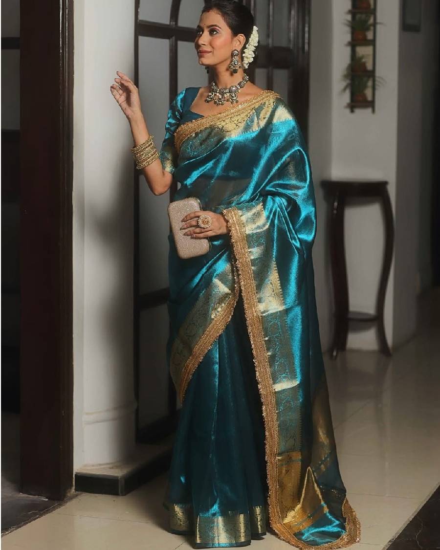 Teal Blue Organza Banarasi Saree