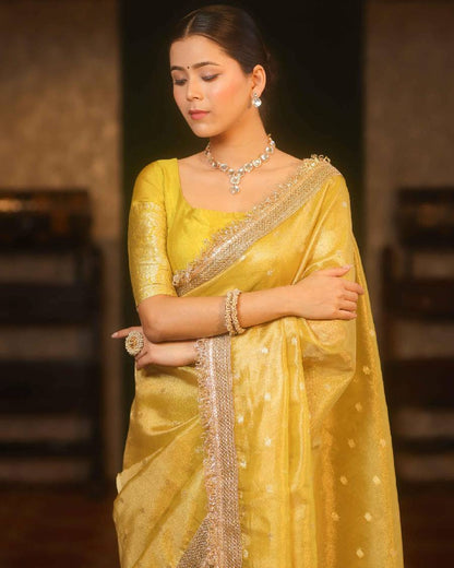 Premium Sunshine Yellow Banarasi Tissue Silk Saree With Handcrafted Zari Border
