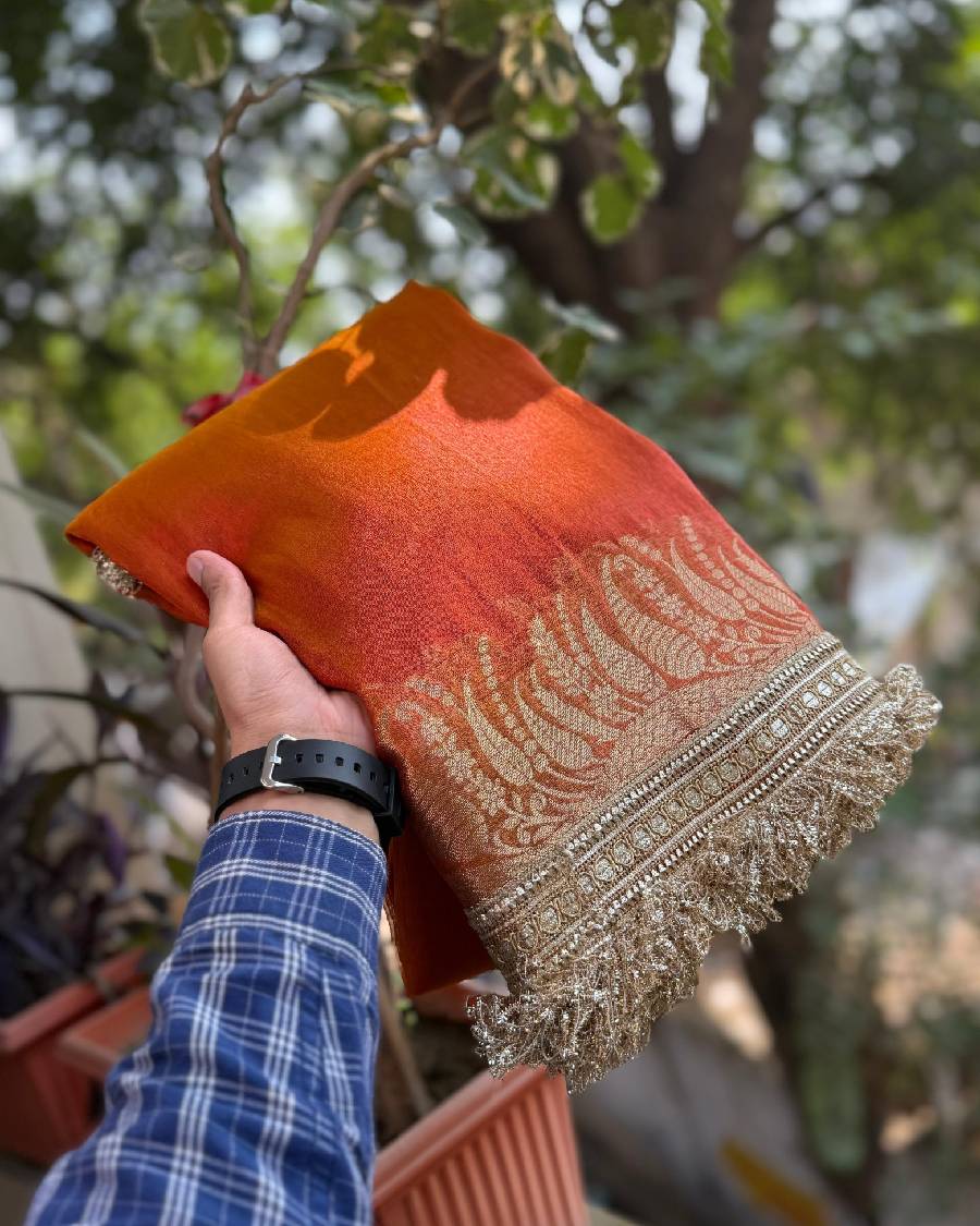 Luxe Copper Zari Tissue Saree with Handcrafted Fringe Border