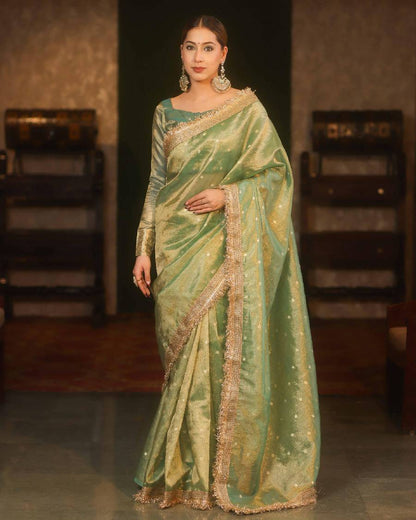 Premium Green Banarasi Tissue Silk Saree With Handcrafted Zari Border
