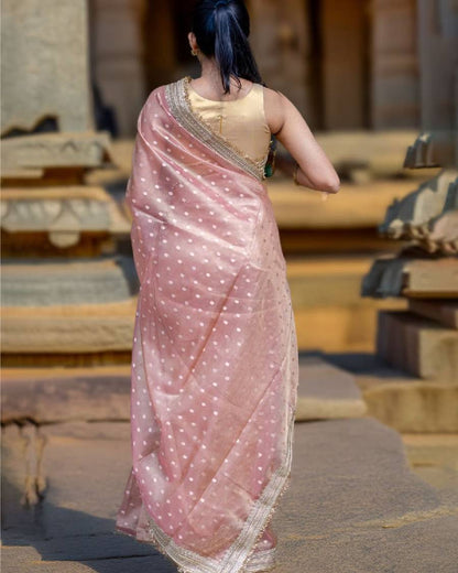 Premium Pink Polka Banarasi Tissue Silk Saree With Handcrafted Zari Border