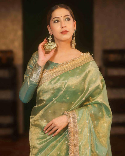 Premium Green Banarasi Tissue Silk Saree With Handcrafted Zari Border