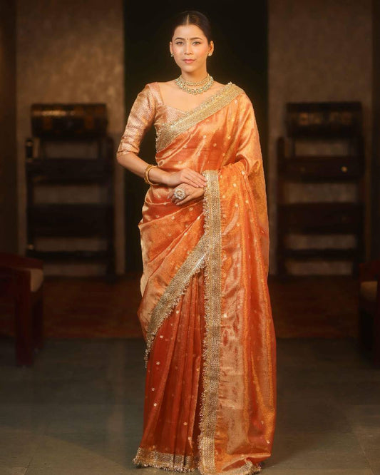 Luxe Copper Zari Tissue Saree with Handcrafted Fringe Border