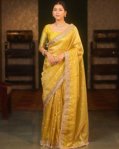 Premium Sunshine Yellow Banarasi Tissue Silk Saree With Handcrafted Zari Border