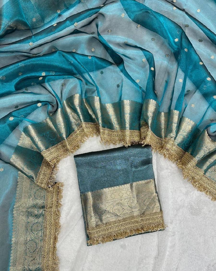 Teal Blue Organza Banarasi Saree