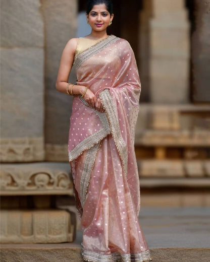 Premium Pink Polka Banarasi Tissue Silk Saree With Handcrafted Zari Border