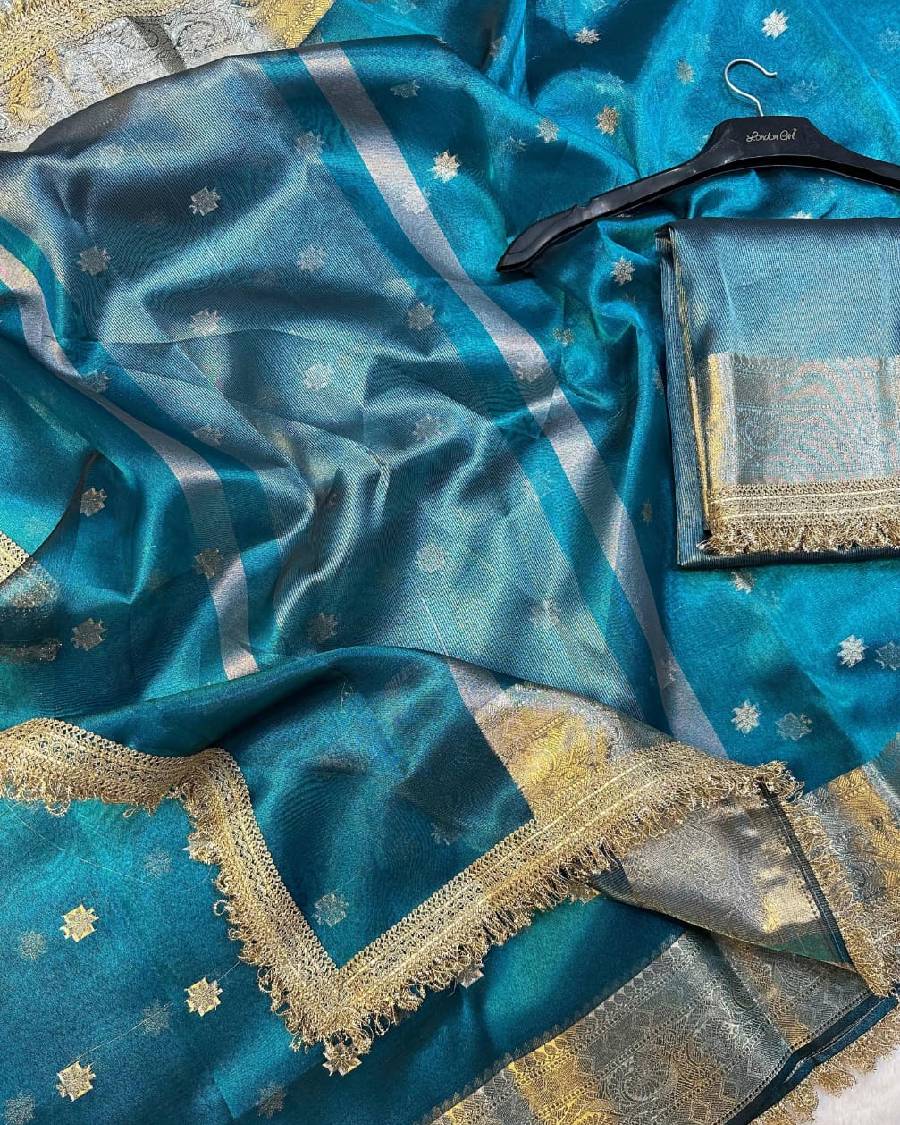Teal Blue Organza Banarasi Saree