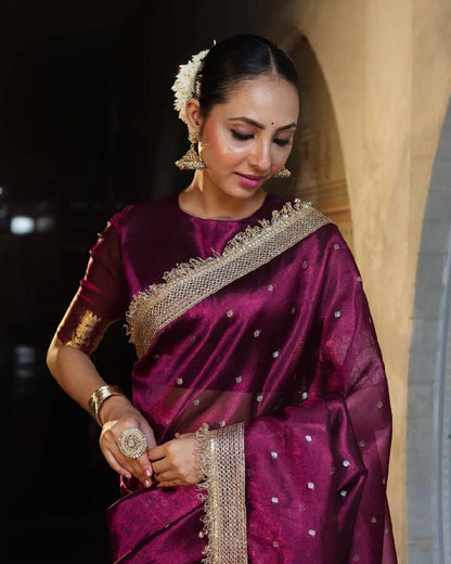 Premium Magenta Polka Banarasi Tissue Silk Saree With Handcrafted Zari Border