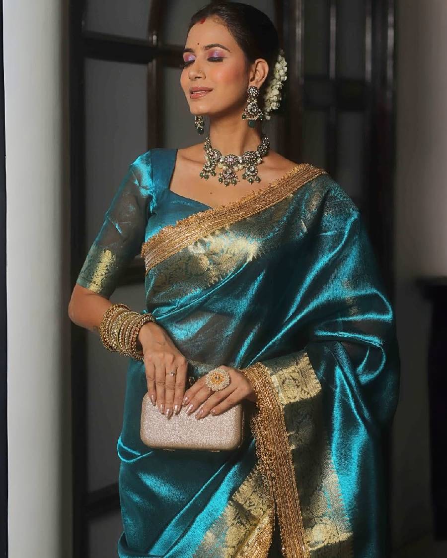 Teal Blue Organza Banarasi Saree