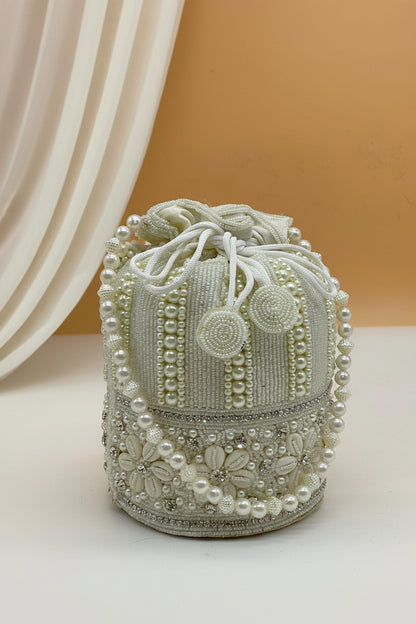 Premium Silver Silk Potli Pouch With Handcrafted Pear Work