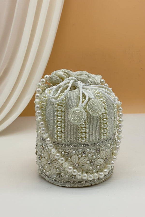 Premium Silver Silk Potli Pouch With Handcrafted Pear Work
