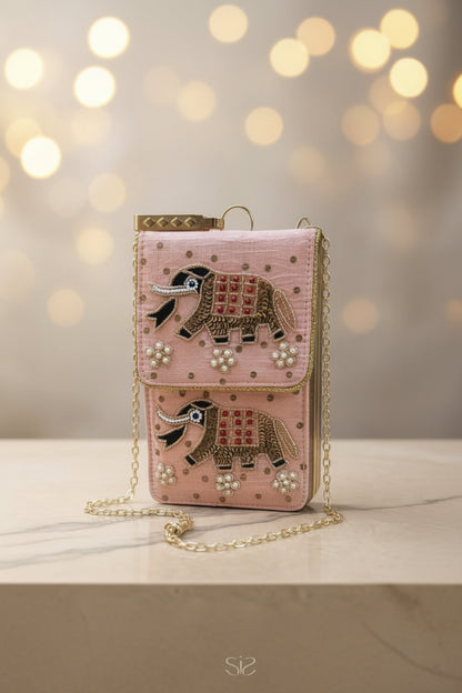Premium Silk Ethnic Pink Elephant Handcrafted With Pearl Work Mobile Pouch