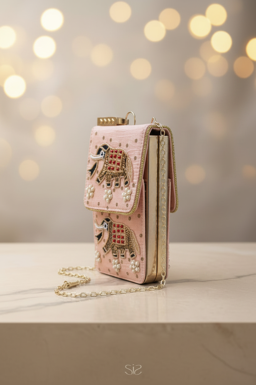 Premium Silk Ethnic Pink Elephant Handcrafted With Pearl Work Mobile Pouch