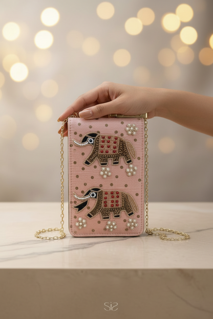 Premium Silk Ethnic Pink Elephant Handcrafted With Pearl Work Mobile Pouch