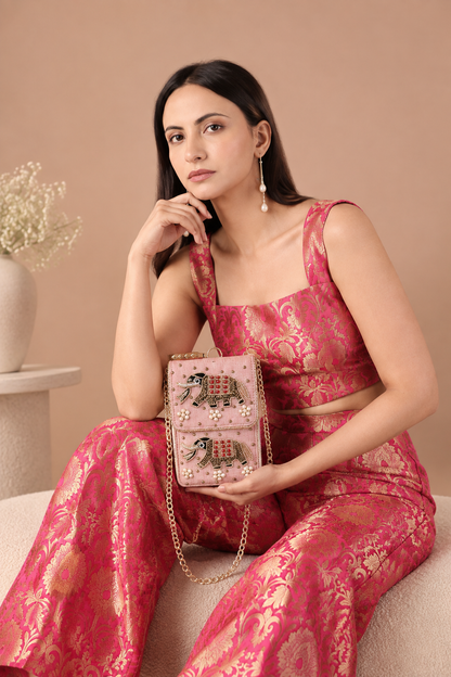Premium Silk Ethnic Pink Elephant Handcrafted With Pearl Work Mobile Pouch