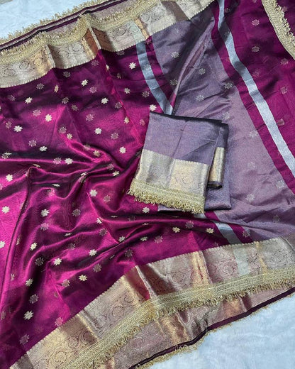 Premium Magenta Polka Banarasi Tissue Silk Saree With Handcrafted Zari Border