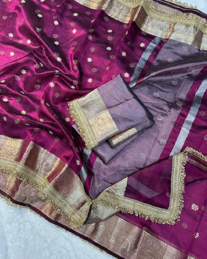 Premium Magenta Polka Banarasi Tissue Silk Saree With Handcrafted Zari Border