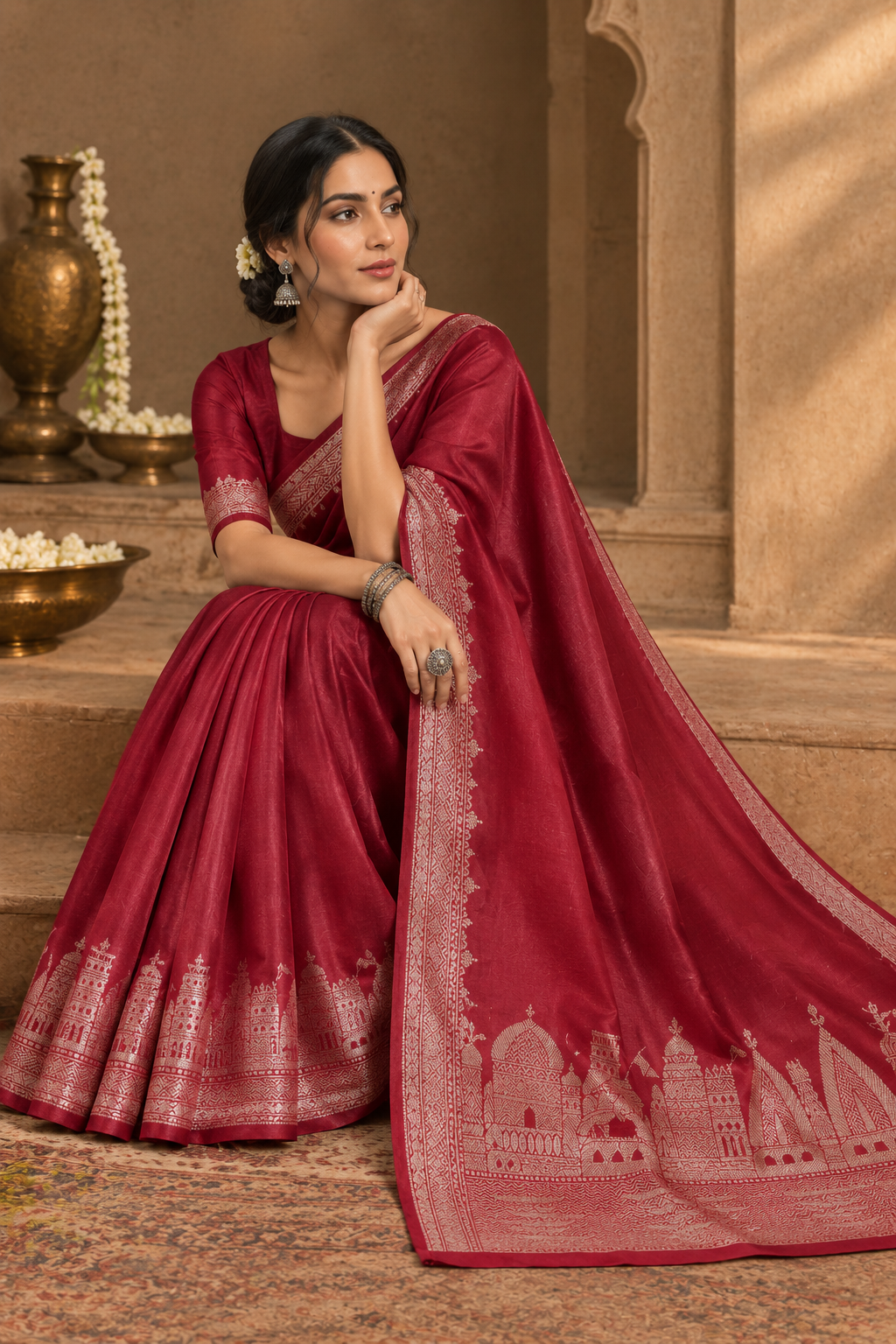 Premium Banarasi Ghat Pattern Red Katan Saree