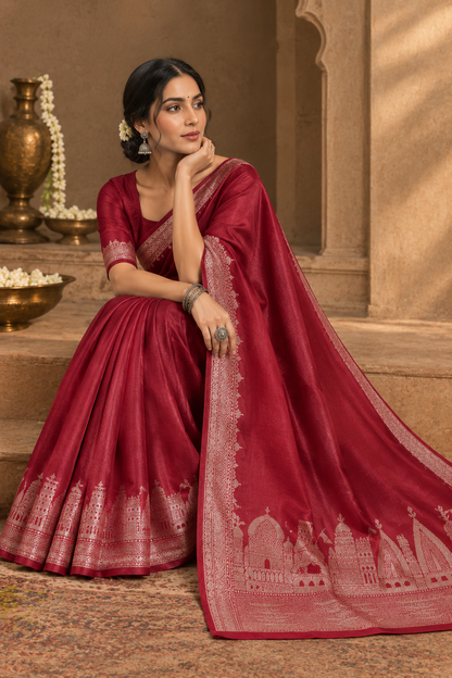 Premium Banarasi Ghat Pattern Red Katan Saree