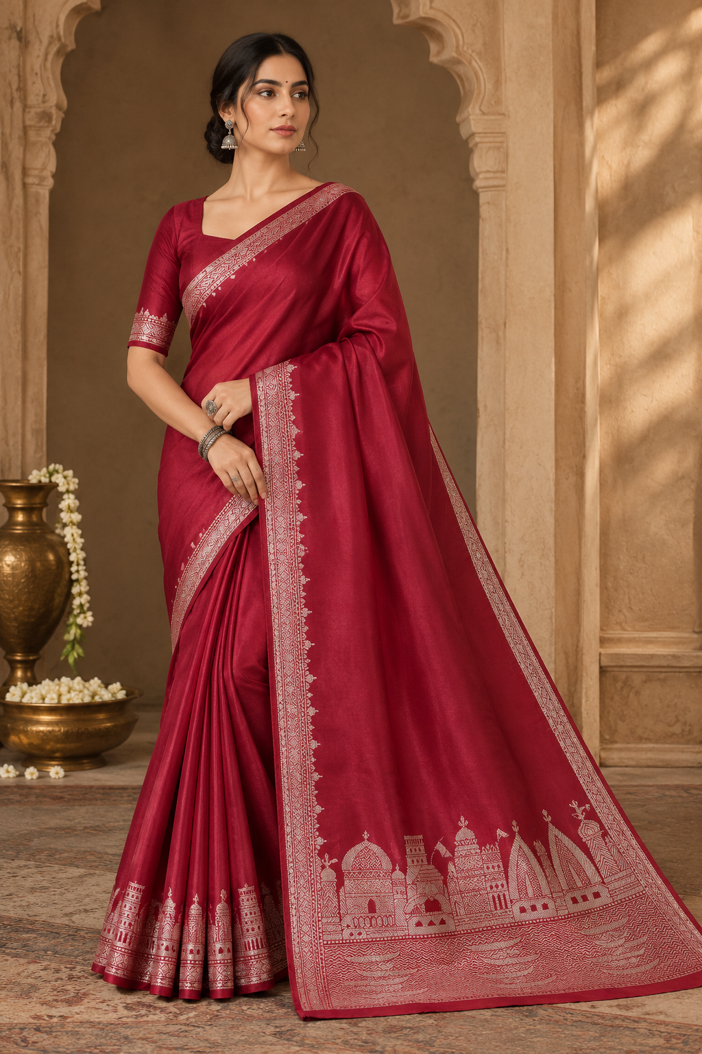 Premium Banarasi Ghat Pattern Red Katan Saree